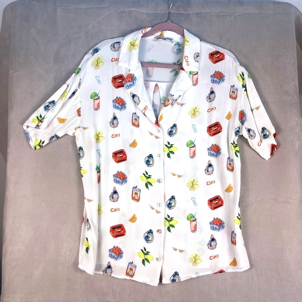Princess Polly Ciao Lemon Oyster Sardine Print Button Down Shirt US 2 Vacation